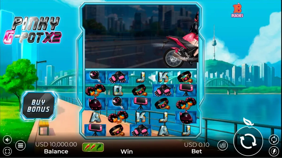 Tampilan visual neon dari slot Pinky G-Pot X2 dengan tema balap motor Seoul