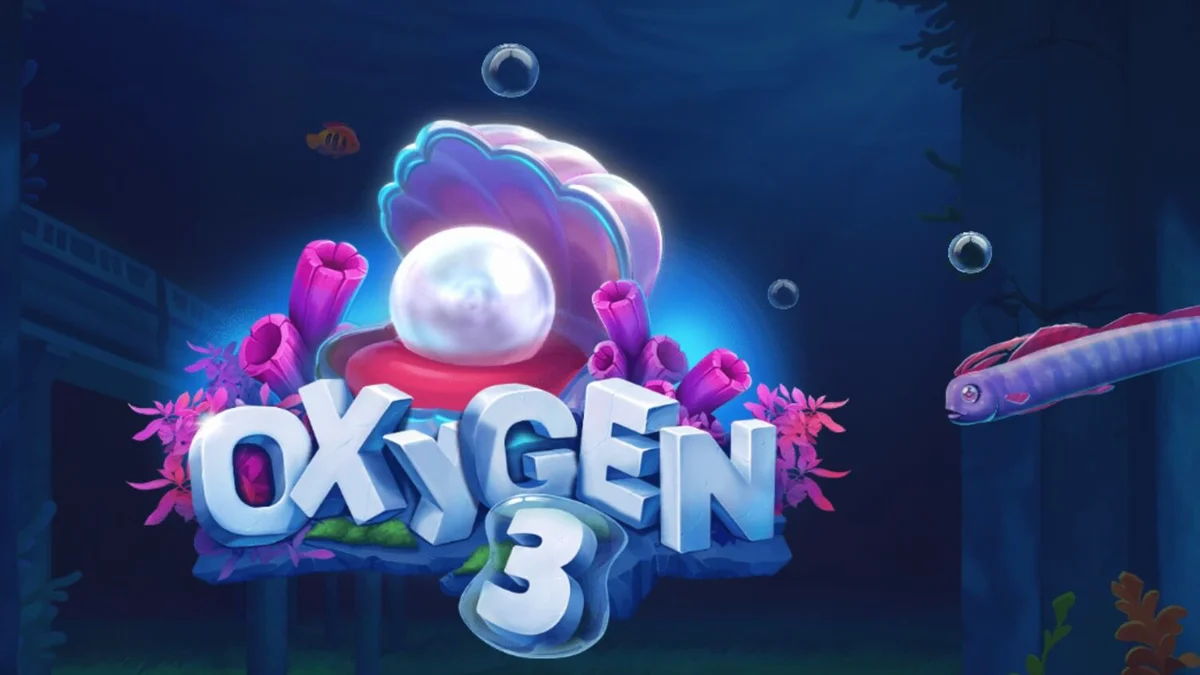 Pemandangan bawah laut futuristik dengan reruntuhan kota dan makhluk laut kartun dalam slot Oxygen 3
